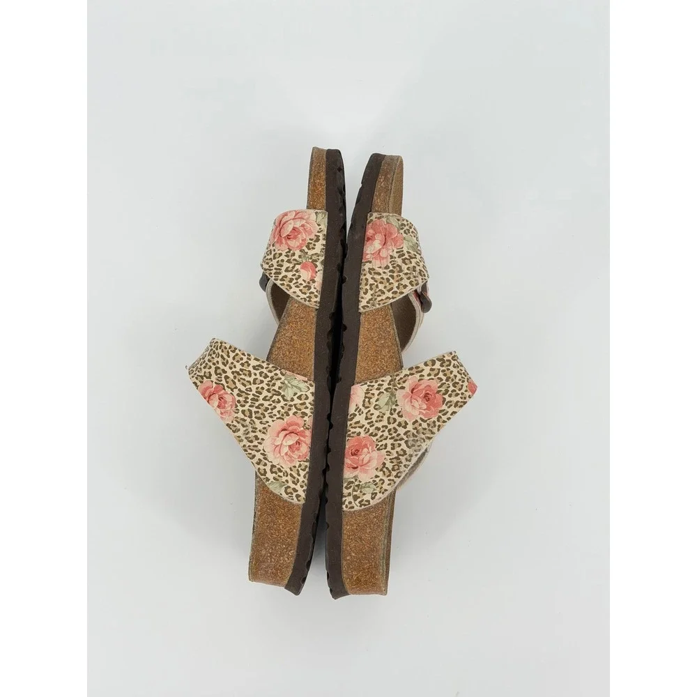 Birkis Birkenstock Floral Leopard Print Slide Sandals Brown Pink Tan 38 L7 M5